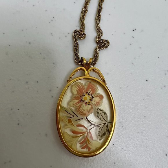 Boho Floral Necklace Pendant Reverse Painted Gold Tone Vintage‎ Hand Fairycore - Picture 2 of 9